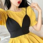 Set: Crew-neck Short-sleeve A-line Dress + Camisole Top