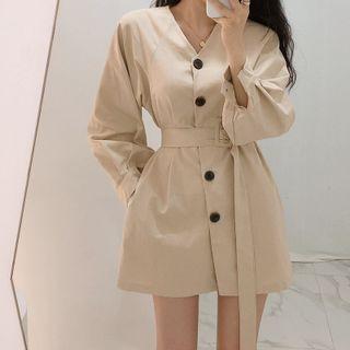 Long-sleeve Belted Button-up Mini Sheath Dress