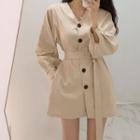 Long-sleeve Belted Button-up Mini Sheath Dress