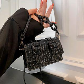 Croc Grain Buckled Flap Crossbody Bag