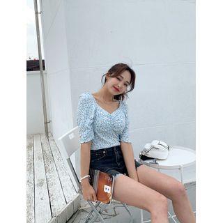 Sweetheart-neck Shirred Floral Top