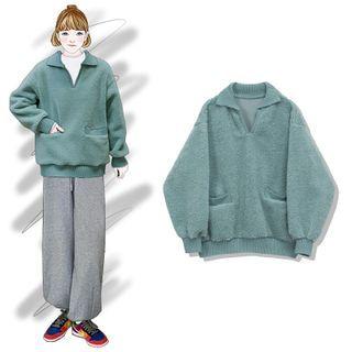Polo-neck Faux Shearling Pullover