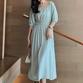 Elbow-sleeve Plain Midi Dress Green & White - One Size