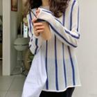 Long Sleeve Pinstripe Knit Top White & Blue - One Size