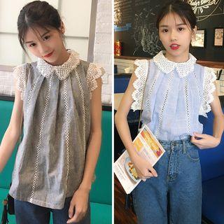 Lace Panel Sleeveless Collared Top