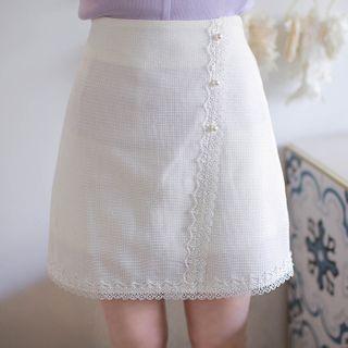 Faux-pearl Lace-trim Tweed Miniskirt