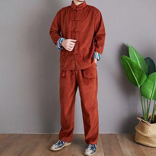 Set: Striped-cuff Frog Buttoned Shirt + Straight-cut Pants