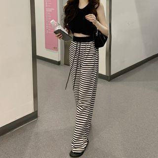 High-waist Striped Wide-leg Pants Black - One Size