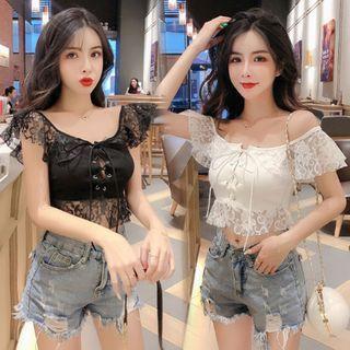 Lace-up Lace Panel Off-shoulder Short-sleeve Cropped Top