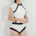 Short-sleeve Contrast Trim Cutout Swimsuit / Swim Skirt / Set
