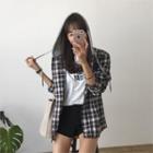 Hooded Pocket-front Plaid Shirt Navy Blue - One Size