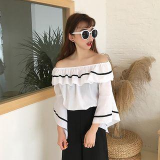 Frilled Off-shoulder Long-sleeve Blouse