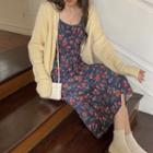 Floral Suspender Maxi Skirt / V-neck Long-sleeve Sweater