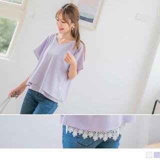 Mock Two Piece Lace Hem Chiffon Top
