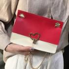Faux Leather Color Block Heart Lock Satchel With Chain Strap
