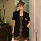 Spaghetti Strap Leopard Print Mini Dress / Short-sleeve Plain Blazer