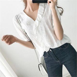 V-neck Frilled Lace Blouse