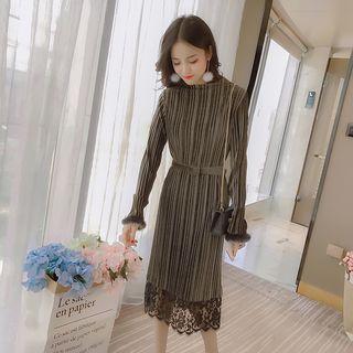 Lace Hem Pleated Velvet Midi Dress