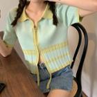 Short-sleeve Lapel Color Block Knit Top Green - One Size