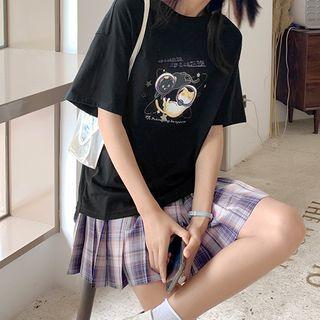 Space & Cat Print Short Sleeve Tee