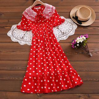 Short-sleeve Lace-panel Dotted Dress