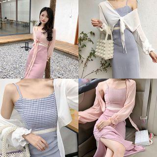 Open-front Chiffon Light Jacket / Spaghetti Strap Plaid Panel Midi Dress