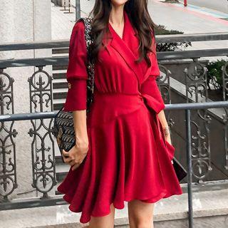 3/4-sleeve Collared Mini A-line Wrap Dress