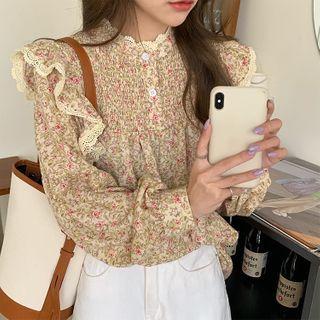 Lace Trim Ruffled Floral Print Blouse