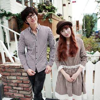 Couple Matching Gingham Shirt / Lace Trim Long Sleeve Dress