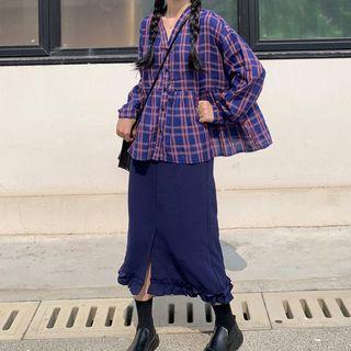 Set: Long-sleeve Plaid Buttoned Top + Frill Trim Midi Skirt