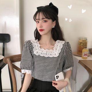 Short-sleeve Check Eyelet Lace Trim Blouse Gingham - Black & White - One Size