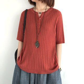 Button Elbow-sleeve Knit Top