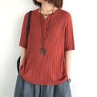 Button Elbow-sleeve Knit Top