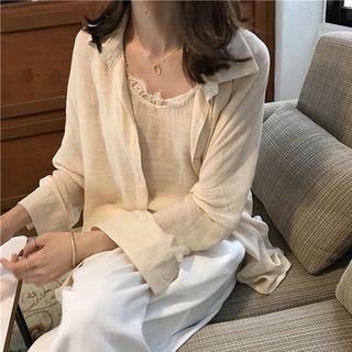 Set: Plain Long-sleeve Loose-fit Shirt + Camisole Top