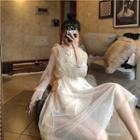 Long-sleeve Lace-panel Chiffon Midi A-line Dress