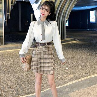 Tie Neck Shirt / Plaid A-line Skirt / Set
