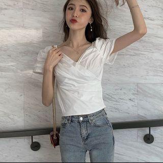 Short-sleeve Plaid / Plain Blouse