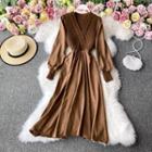 V-neck Knitted Mock Two Piece Puff Long-sleeve Dress