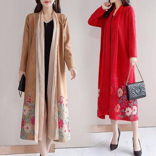 Embroidered Open Front Long Coat