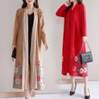 Embroidered Open Front Long Coat