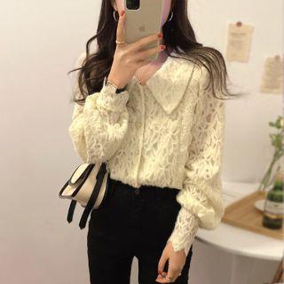 Lantern-sleeve Collared Lace Blouse