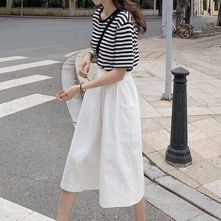 Short-sleeve Striped Top/ High-waist Wide-leg Pants