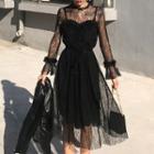 Mock-neck Long-sleeve Lace Midi Dress