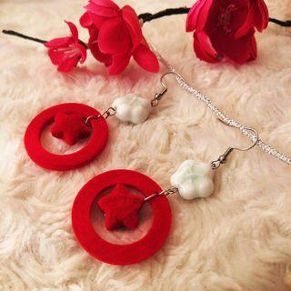 Flower & Star Flannel Dangle Earring 1 Pair - Star - Red - One Size