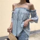 Elbow-sleeve Cold Shoulder Shirred Top
