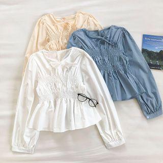 Plain Crewneck Lace-up Long-sleeve Blouse