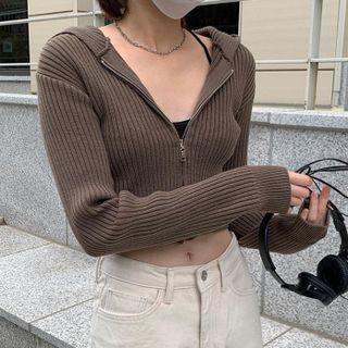 Long Sleeve Knitted Zip-up Crop Jacket