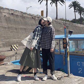 Couple Matching Plaid Mock Two-piece Hooded Jacket