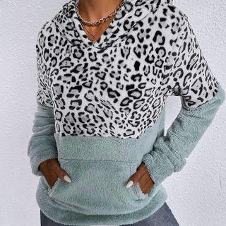 Leopard Print Panel Fleece Hoodie