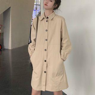 Long-sleeve Mini A-line Shirt Dress Almond - One Size